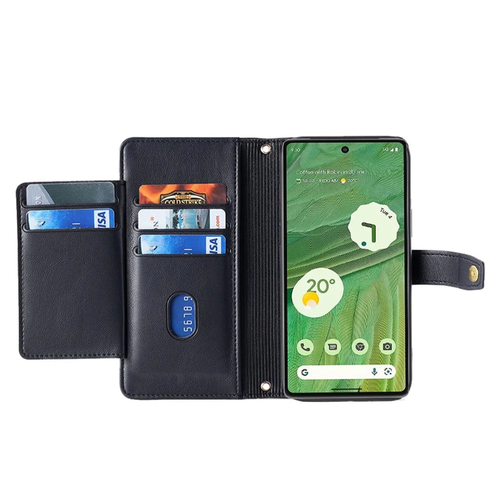 For Google Pixel 7 5G PU Leather Stand Case Zipper Pocket Phone Cover with Wrist Strap and Shoulder Strap - Black - 2
