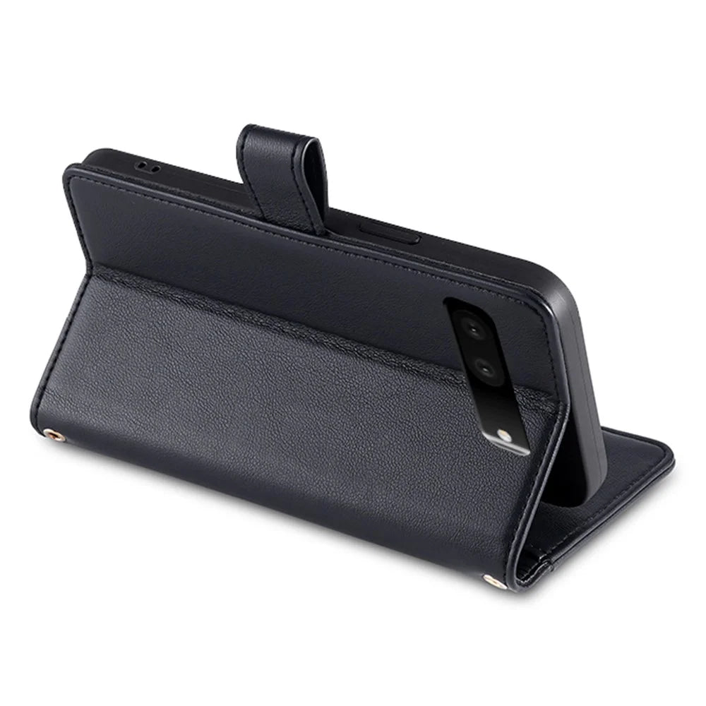 For Google Pixel 7 5G PU Leather Stand Case Zipper Pocket Phone Cover with Wrist Strap and Shoulder Strap - Black - 3