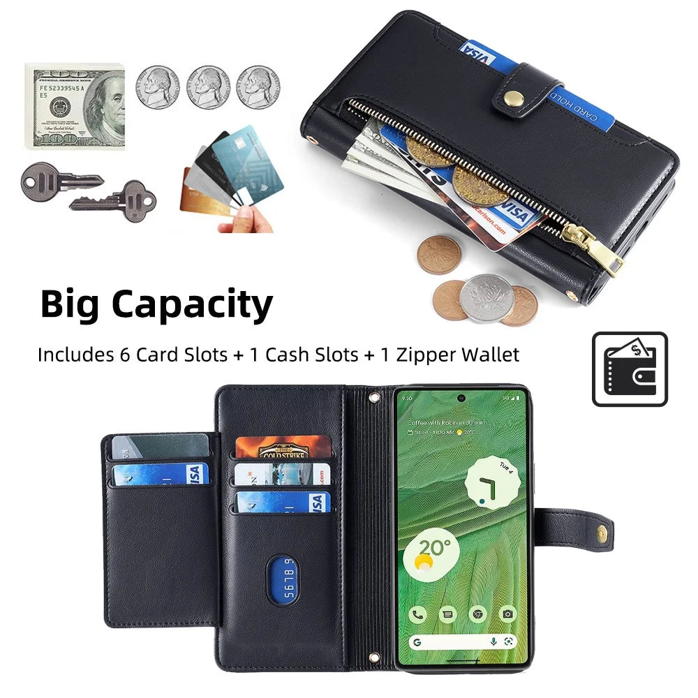 For Google Pixel 7 5G PU Leather Stand Case Zipper Pocket Phone Cover with Wrist Strap and Shoulder Strap - Black - 5