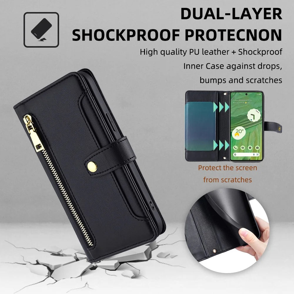 For Google Pixel 7 5G PU Leather Stand Case Zipper Pocket Phone Cover with Wrist Strap and Shoulder Strap - Black - 7