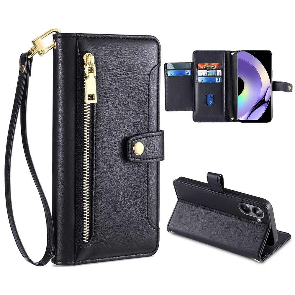 For Realme 10 Pro 5G Zipper Pocket PU Leather Stand Case Card Slots Collision Proof Flip Phone Cover with Wrist Strap and Shoulder Strap - Black - 1