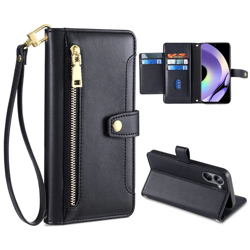 For Realme 10 Pro 5G Zipper Pocket PU Leather Stand Case Card Slots Collision Proof Flip Phone Cover with Wrist Strap and Shoulder Strap - Black - 1