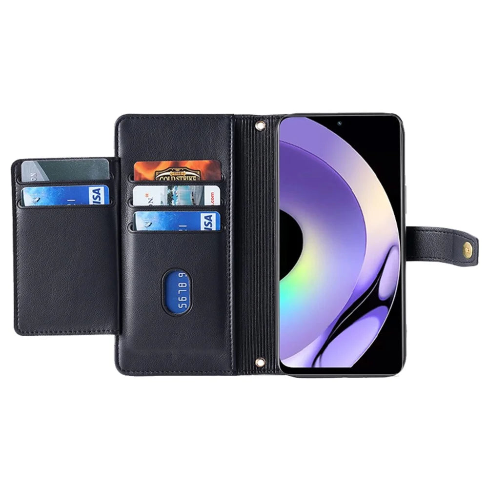 For Realme 10 Pro 5G Zipper Pocket PU Leather Stand Case Card Slots Collision Proof Flip Phone Cover with Wrist Strap and Shoulder Strap - Black - 2