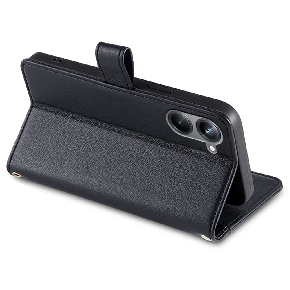 For Realme 10 Pro 5G Zipper Pocket PU Leather Stand Case Card Slots Collision Proof Flip Phone Cover with Wrist Strap and Shoulder Strap - Black - 3