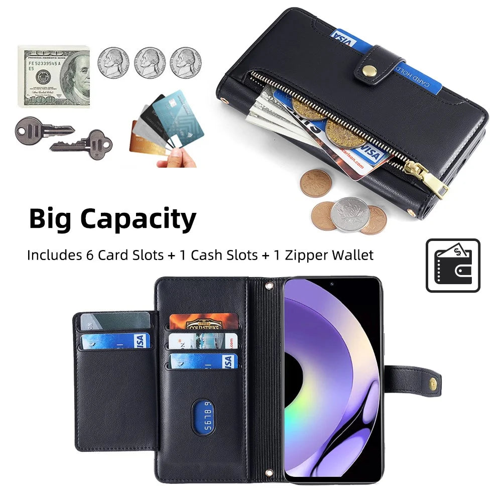 For Realme 10 Pro 5G Zipper Pocket PU Leather Stand Case Card Slots Collision Proof Flip Phone Cover with Wrist Strap and Shoulder Strap - Black - 4