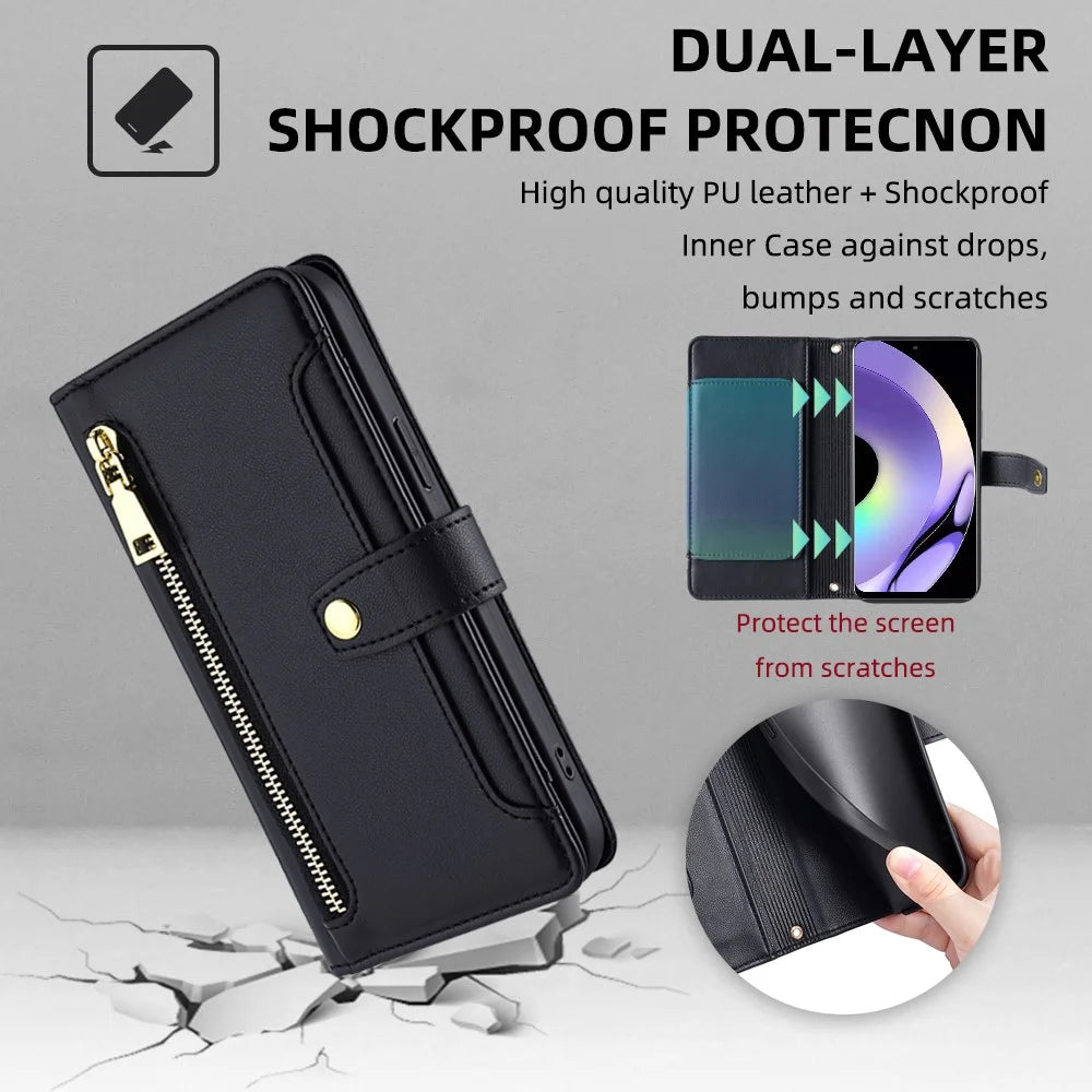 For Realme 10 Pro 5G Zipper Pocket PU Leather Stand Case Card Slots Collision Proof Flip Phone Cover with Wrist Strap and Shoulder Strap - Black - 6