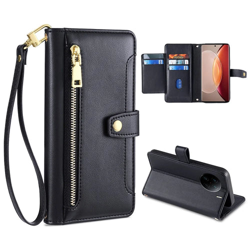 For vivo X90 Pro+ 5G Zipper Pocket Drop Resistant PU Leather Stand Case Card Slots Flip Phone Cover with Wrist Strap and Shoulder Strap - Black - 1