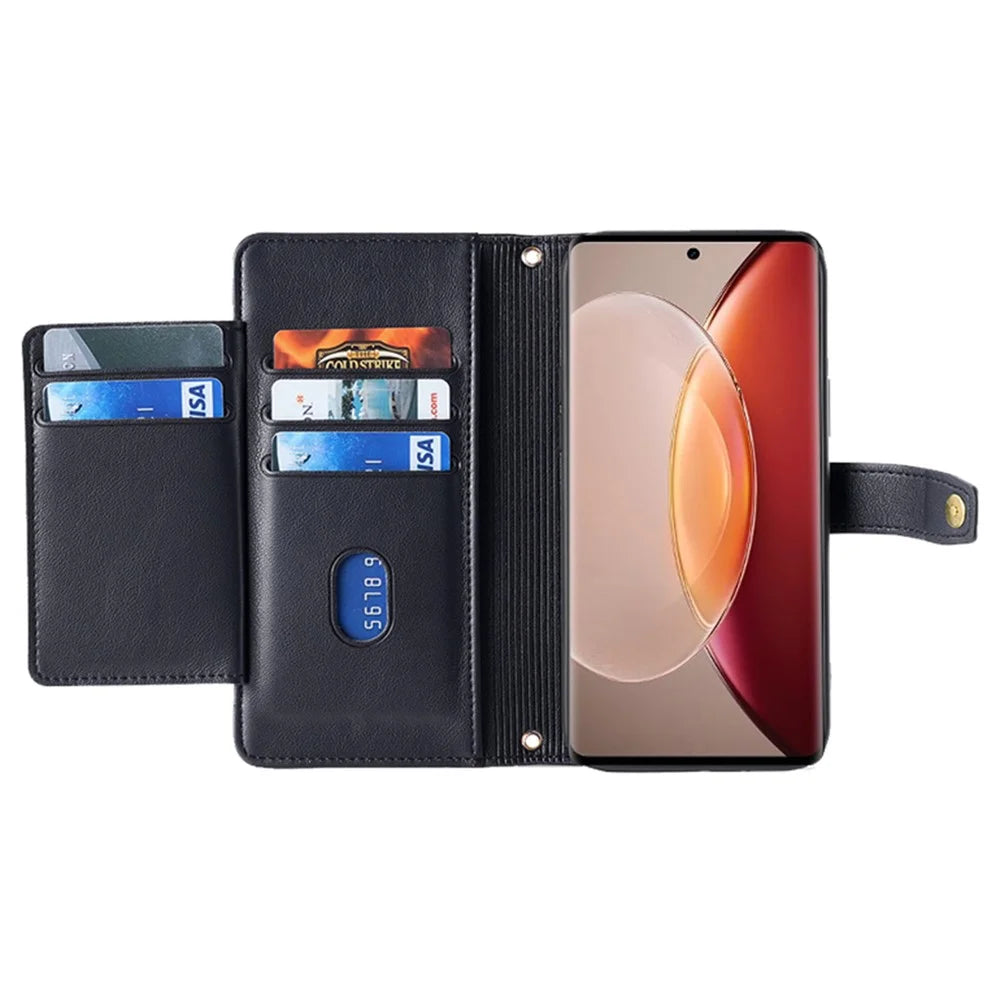 For vivo X90 Pro+ 5G Zipper Pocket Drop Resistant PU Leather Stand Case Card Slots Flip Phone Cover with Wrist Strap and Shoulder Strap - Black - 2