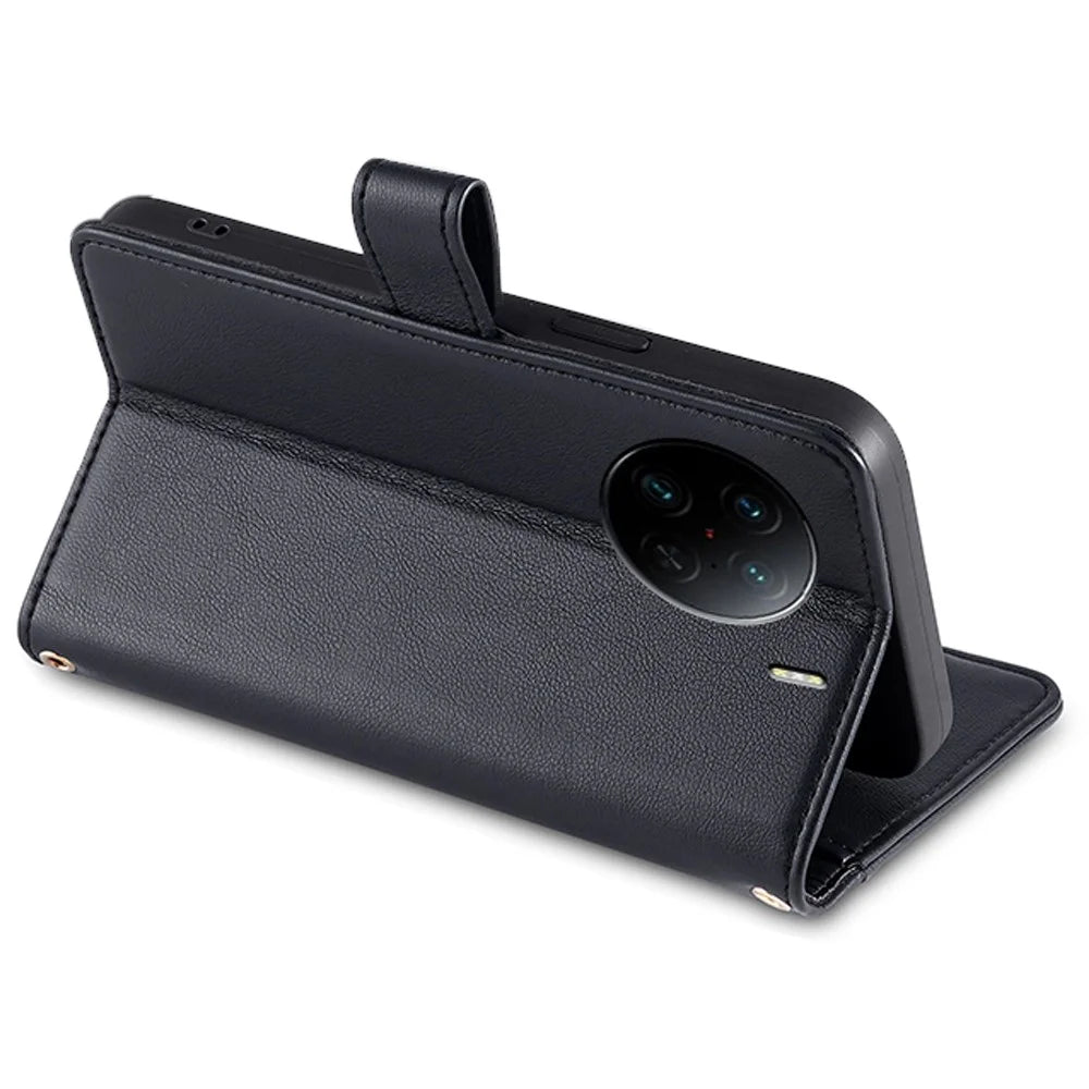 For vivo X90 Pro+ 5G Zipper Pocket Drop Resistant PU Leather Stand Case Card Slots Flip Phone Cover with Wrist Strap and Shoulder Strap - Black - 3