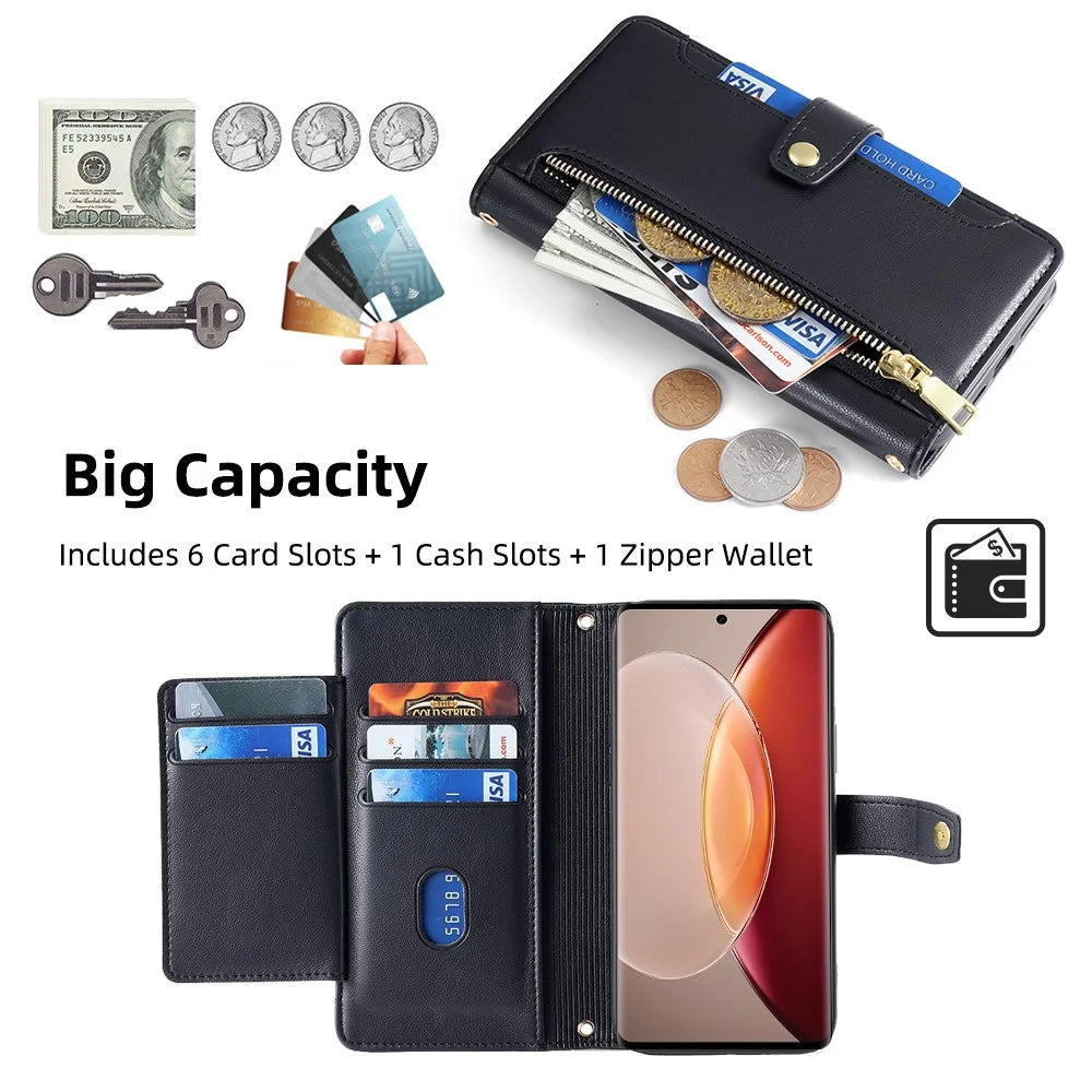 For vivo X90 Pro+ 5G Zipper Pocket Drop Resistant PU Leather Stand Case Card Slots Flip Phone Cover with Wrist Strap and Shoulder Strap - Black - 4