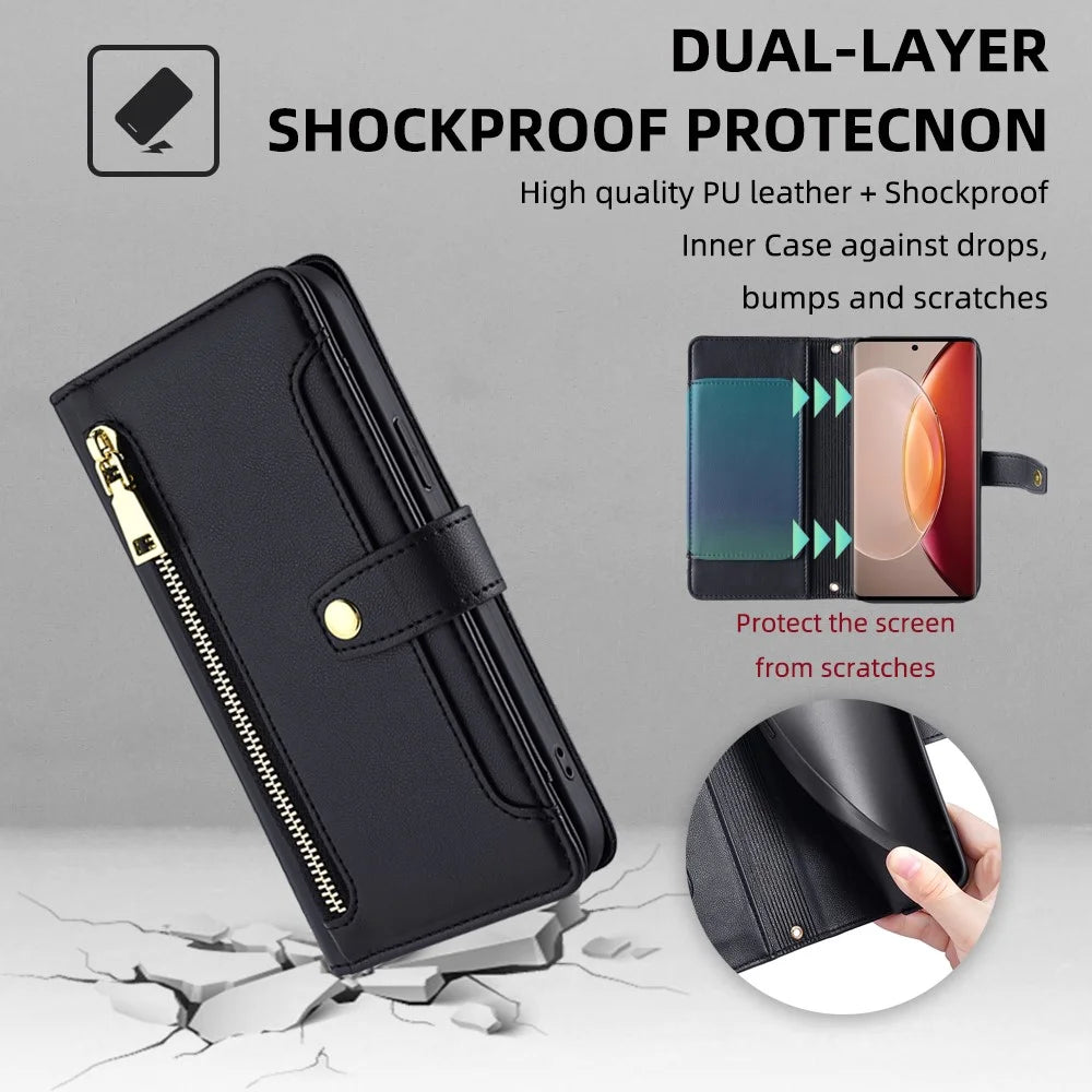 For vivo X90 Pro+ 5G Zipper Pocket Drop Resistant PU Leather Stand Case Card Slots Flip Phone Cover with Wrist Strap and Shoulder Strap - Black - 6