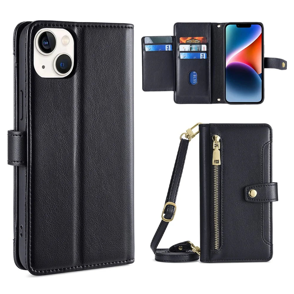 For iPhone 14 Zipper Pocket Shockproof PU Leather Stand Case Card Slots Flip Phone Cover with Wrist Strap and Shoulder Strap - Black - 1