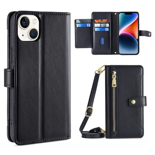 For iPhone 14 Zipper Pocket Shockproof PU Leather Stand Case Card Slots Flip Phone Cover with Wrist Strap and Shoulder Strap - Black - 1