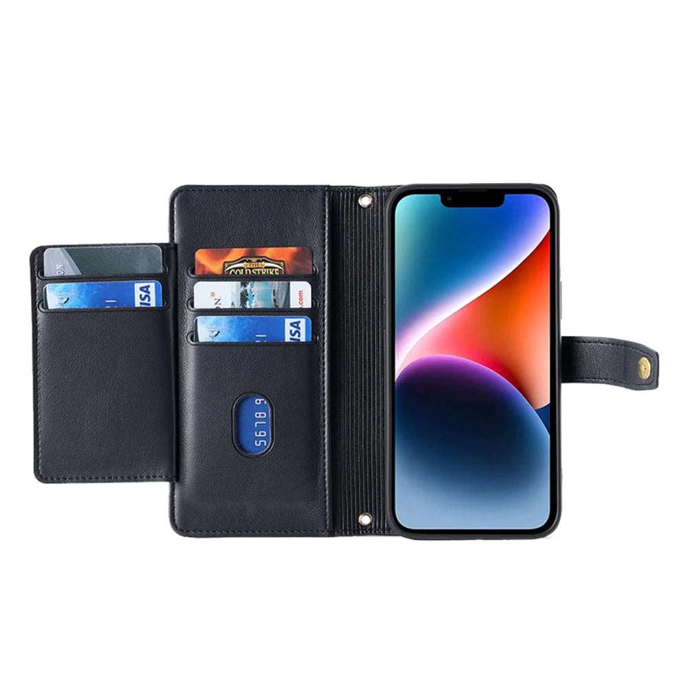 For iPhone 14 Zipper Pocket Shockproof PU Leather Stand Case Card Slots Flip Phone Cover with Wrist Strap and Shoulder Strap - Black - 2
