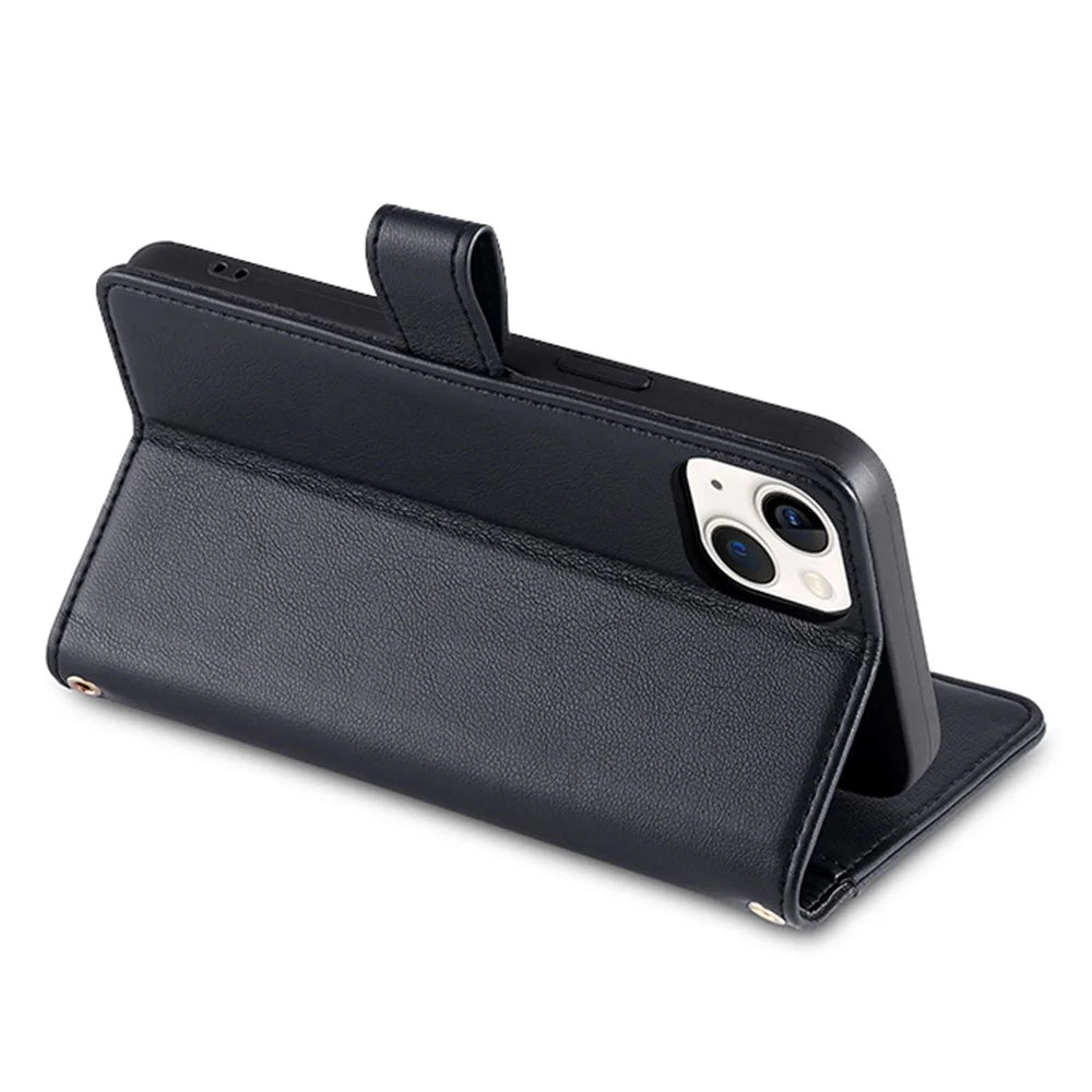 For iPhone 14 Zipper Pocket Shockproof PU Leather Stand Case Card Slots Flip Phone Cover with Wrist Strap and Shoulder Strap - Black - 3