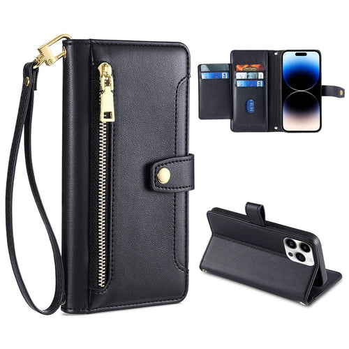 For iPhone 14 Pro PU Leather Stand Case Zipper Pocket Phone Cover with Wrist Strap and Shoulder Strap - Black - 1