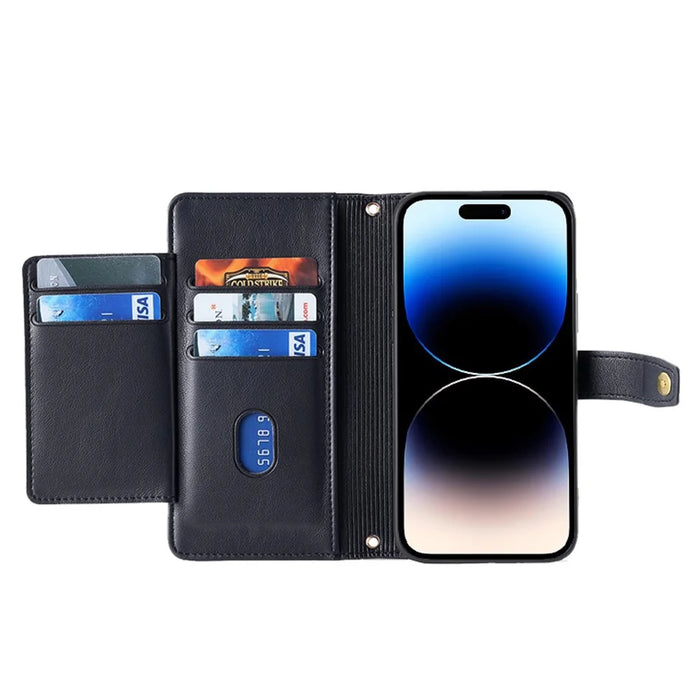 For iPhone 14 Pro PU Leather Stand Case Zipper Pocket Phone Cover with Wrist Strap and Shoulder Strap - Black - 2
