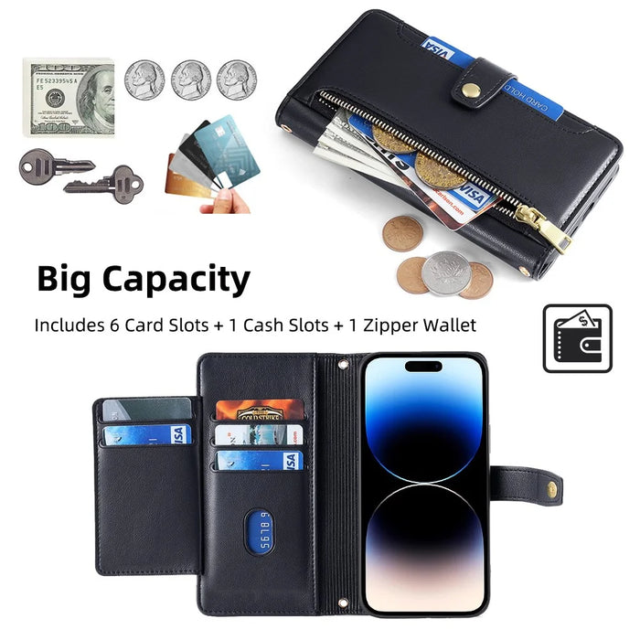 For iPhone 14 Pro PU Leather Stand Case Zipper Pocket Phone Cover with Wrist Strap and Shoulder Strap - Black - 5