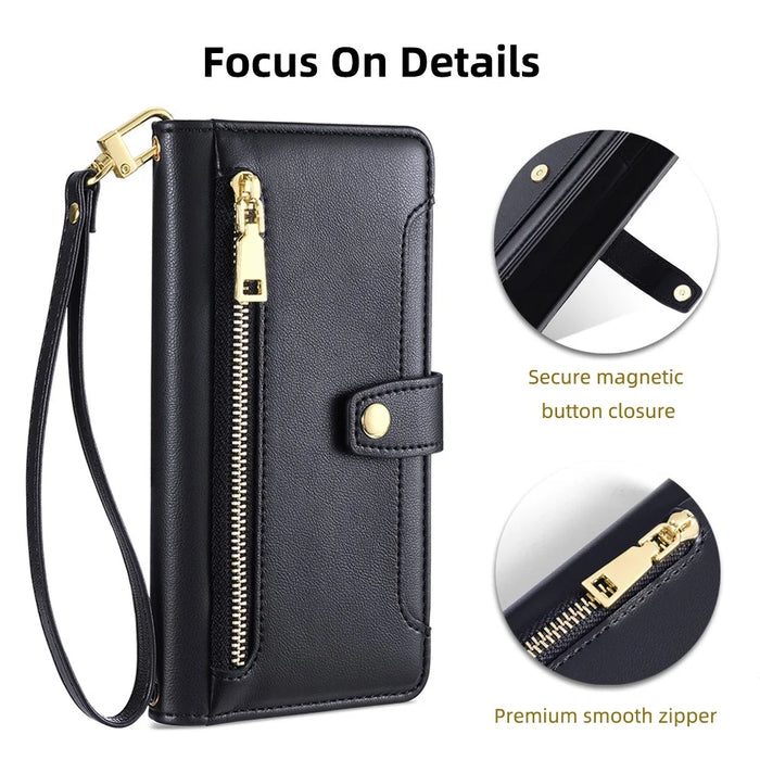 For iPhone 14 Pro PU Leather Stand Case Zipper Pocket Phone Cover with Wrist Strap and Shoulder Strap - Black - 6