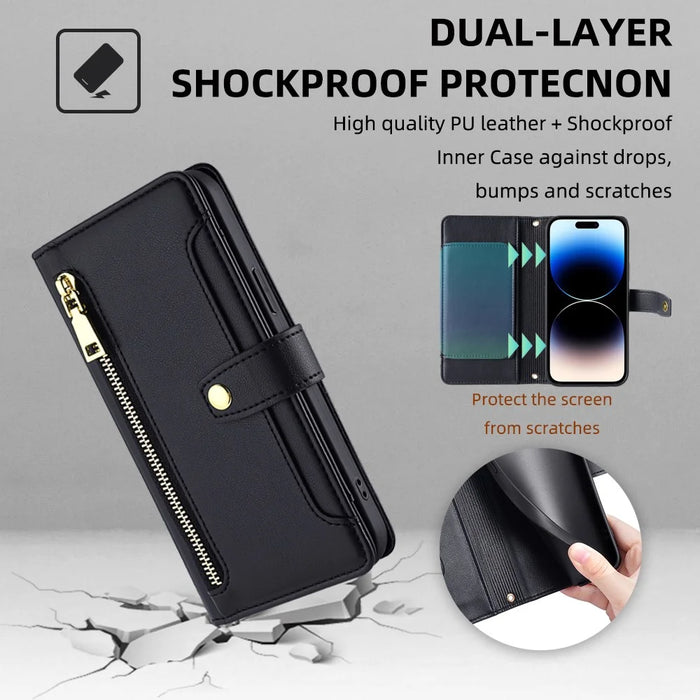 For iPhone 14 Pro PU Leather Stand Case Zipper Pocket Phone Cover with Wrist Strap and Shoulder Strap - Black - 7