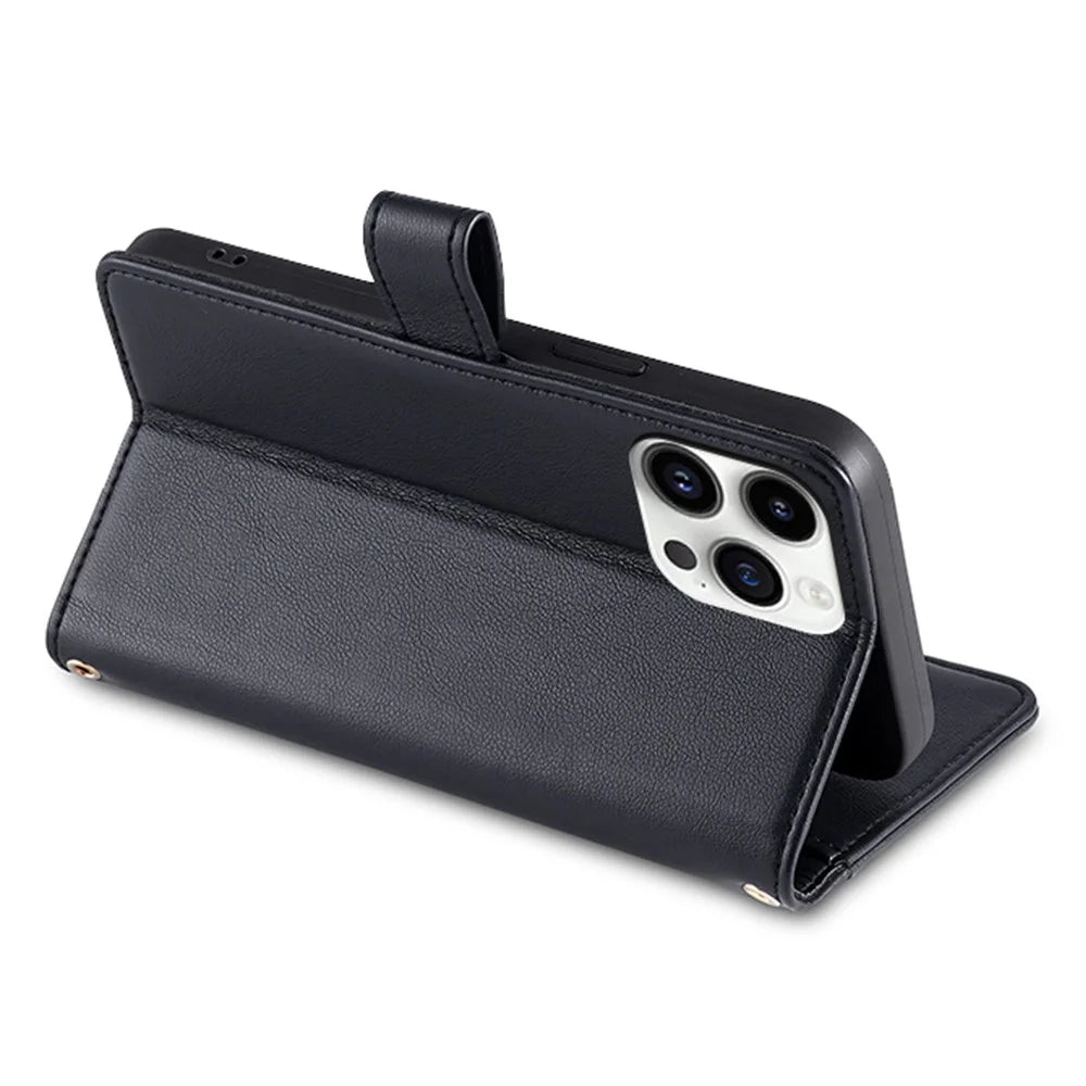 For iPhone 14 Pro Max PU Leather Stand Case Zipper Pocket Phone Cover with Wrist Strap and Shoulder Strap - Black - 3