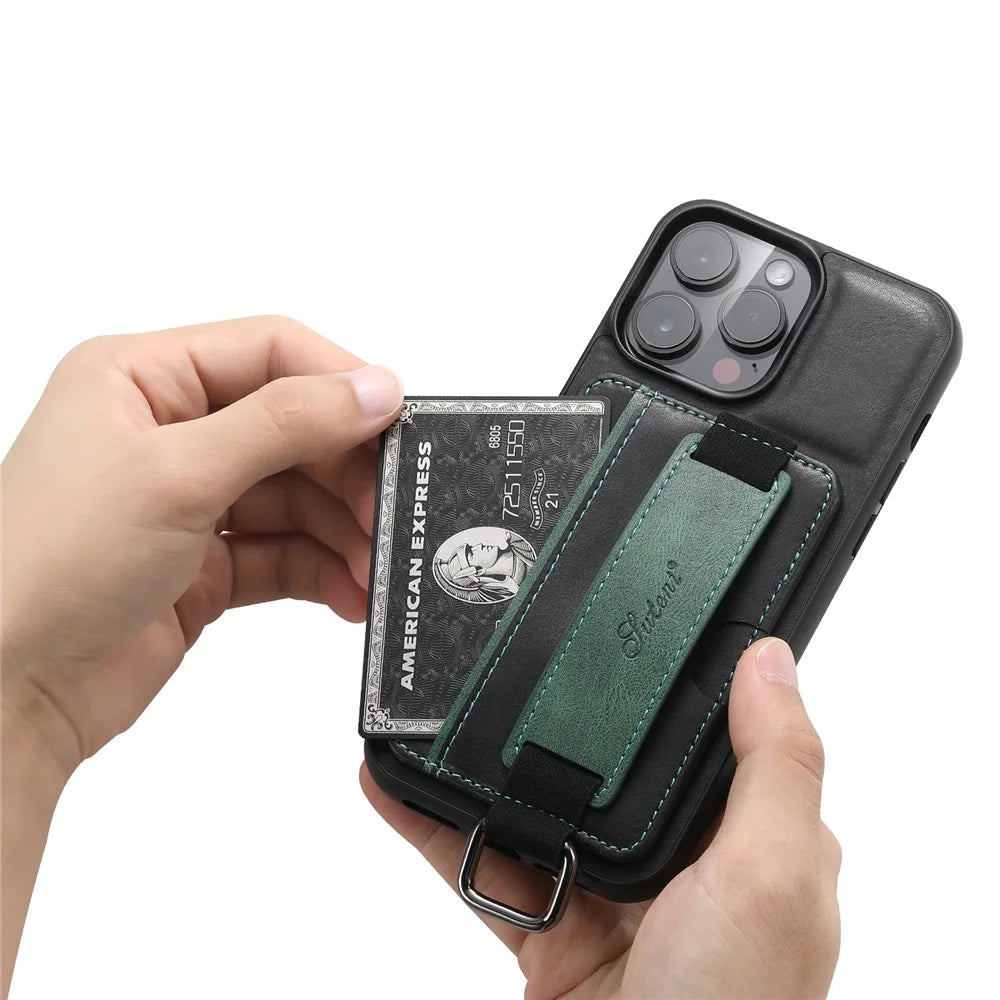 SUTENI H13 For iPhone 13 Pro 6.1 inch Drop Resistant Card Slot Band Loop Holder Kickstand PU Leather Coated TPU Protective Phone Cover - Black - 3