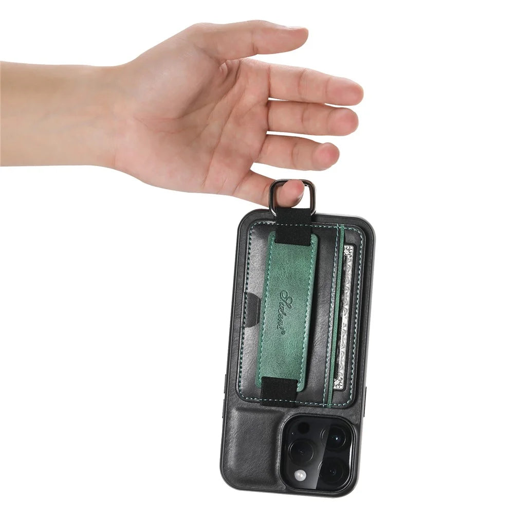 SUTENI H13 For iPhone 13 Pro 6.1 inch Drop Resistant Card Slot Band Loop Holder Kickstand PU Leather Coated TPU Protective Phone Cover - Black - 6