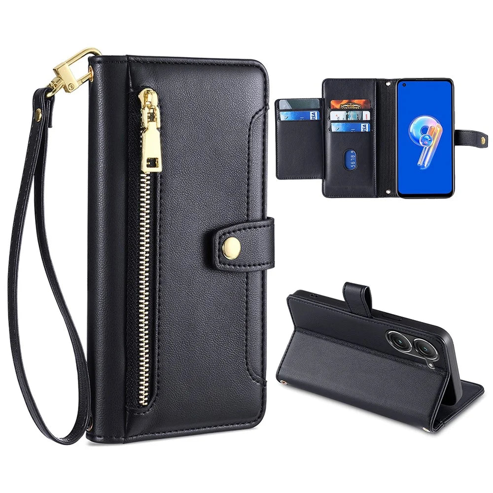 For Asus Zenfone 9 5G Zipper Pocket PU Leather Stand Case Card Slots Flip Phone Cover with Wrist Strap and Shoulder Strap - Black - 1