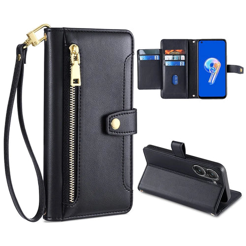 For Asus Zenfone 9 5G Zipper Pocket PU Leather Stand Case Card Slots Flip Phone Cover with Wrist Strap and Shoulder Strap - Black - 1