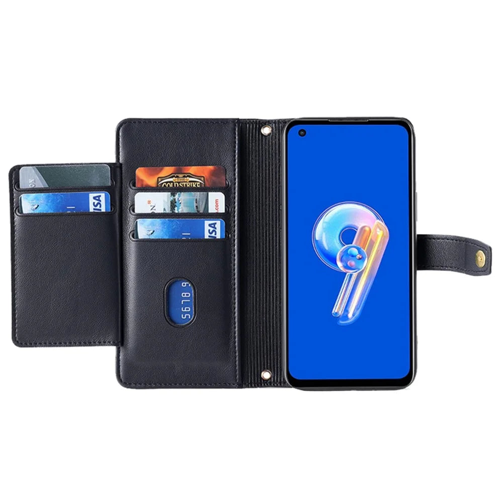 For Asus Zenfone 9 5G Zipper Pocket PU Leather Stand Case Card Slots Flip Phone Cover with Wrist Strap and Shoulder Strap - Black - 2
