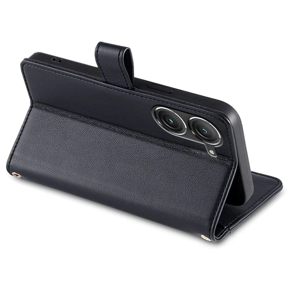 For Asus Zenfone 9 5G Zipper Pocket PU Leather Stand Case Card Slots Flip Phone Cover with Wrist Strap and Shoulder Strap - Black - 3