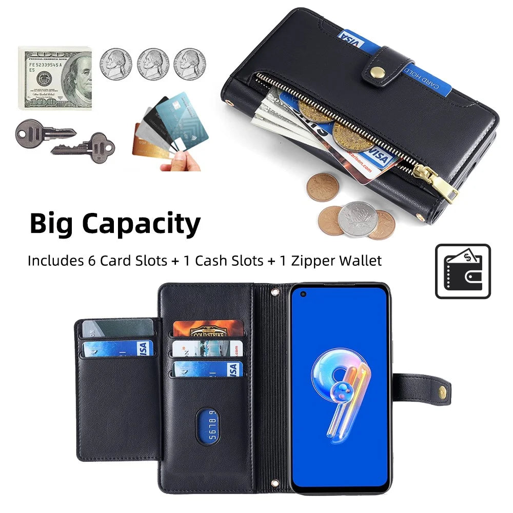 For Asus Zenfone 9 5G Zipper Pocket PU Leather Stand Case Card Slots Flip Phone Cover with Wrist Strap and Shoulder Strap - Black - 4
