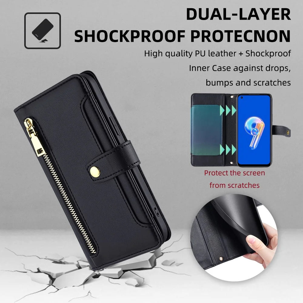 For Asus Zenfone 9 5G Zipper Pocket PU Leather Stand Case Card Slots Flip Phone Cover with Wrist Strap and Shoulder Strap - Black - 6