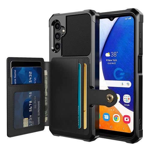 ZM03 for Samsung Galaxy A14 5G / A14 4G Fall Protection PU Leather Coated TPU Case Card Holder Kickstand Phone Cover with Magnetic Metal Sheet - Black - 1
