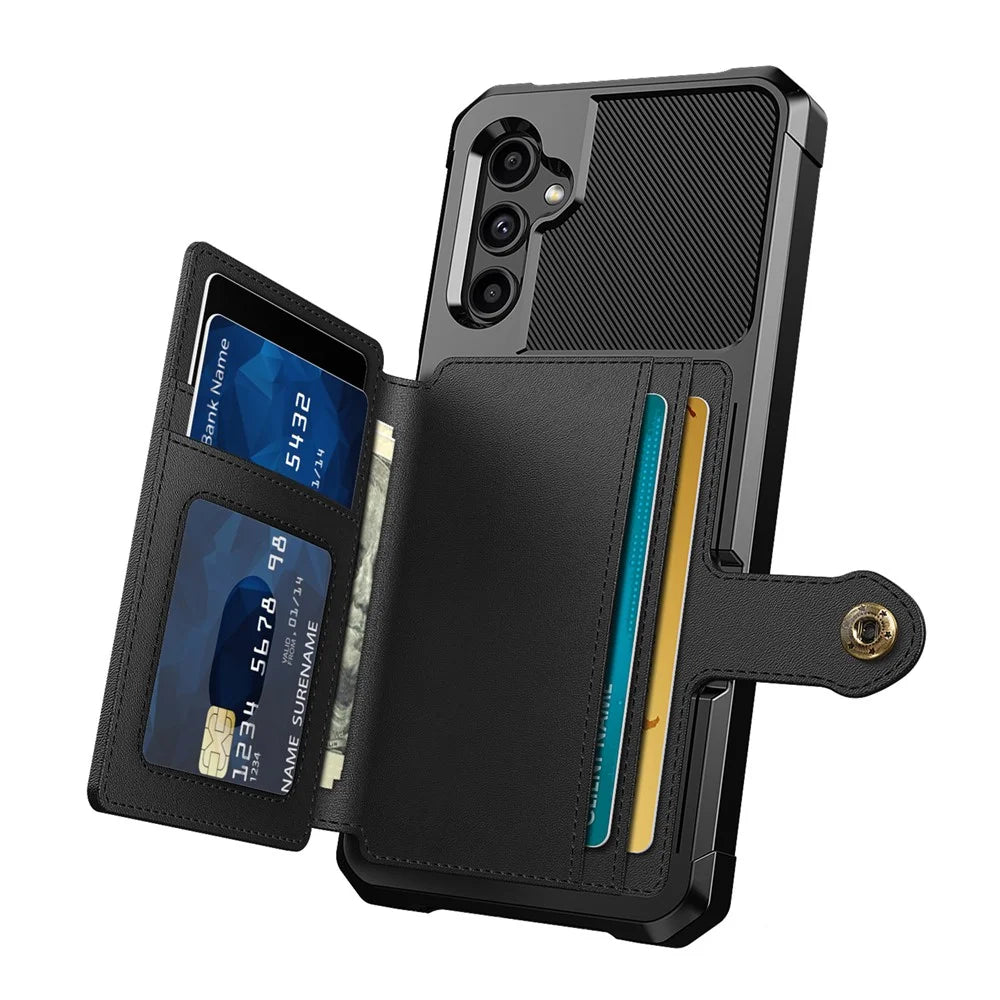 ZM03 for Samsung Galaxy A14 5G / A14 4G Fall Protection PU Leather Coated TPU Case Card Holder Kickstand Phone Cover with Magnetic Metal Sheet - Black - 3