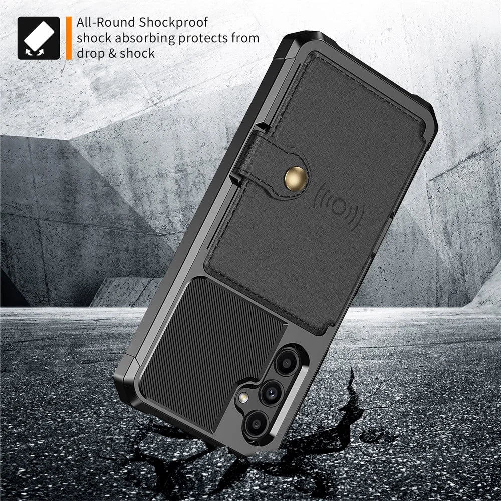 ZM03 for Samsung Galaxy A14 5G / A14 4G Fall Protection PU Leather Coated TPU Case Card Holder Kickstand Phone Cover with Magnetic Metal Sheet - Black - 4