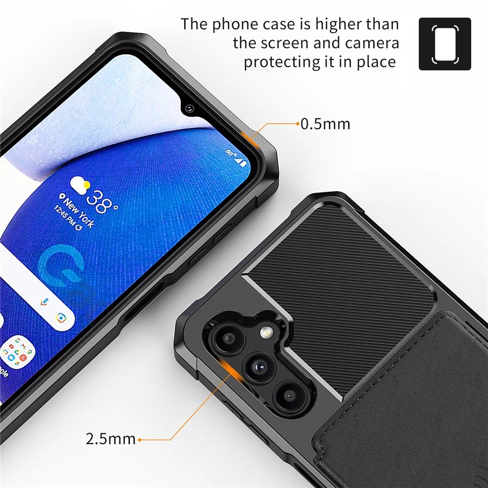 ZM03 for Samsung Galaxy A14 5G / A14 4G Fall Protection PU Leather Coated TPU Case Card Holder Kickstand Phone Cover with Magnetic Metal Sheet - Black - 6