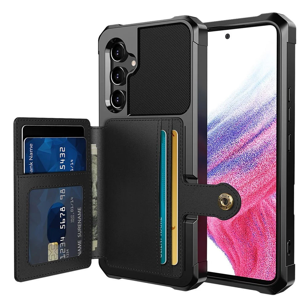 ZM03 for Samsung Galaxy A54 5G All-round Shockproof PU Leather Coated TPU Case Card Holder Kickstand Phone Cover with Magnetic Metal Sheet - Black - 1