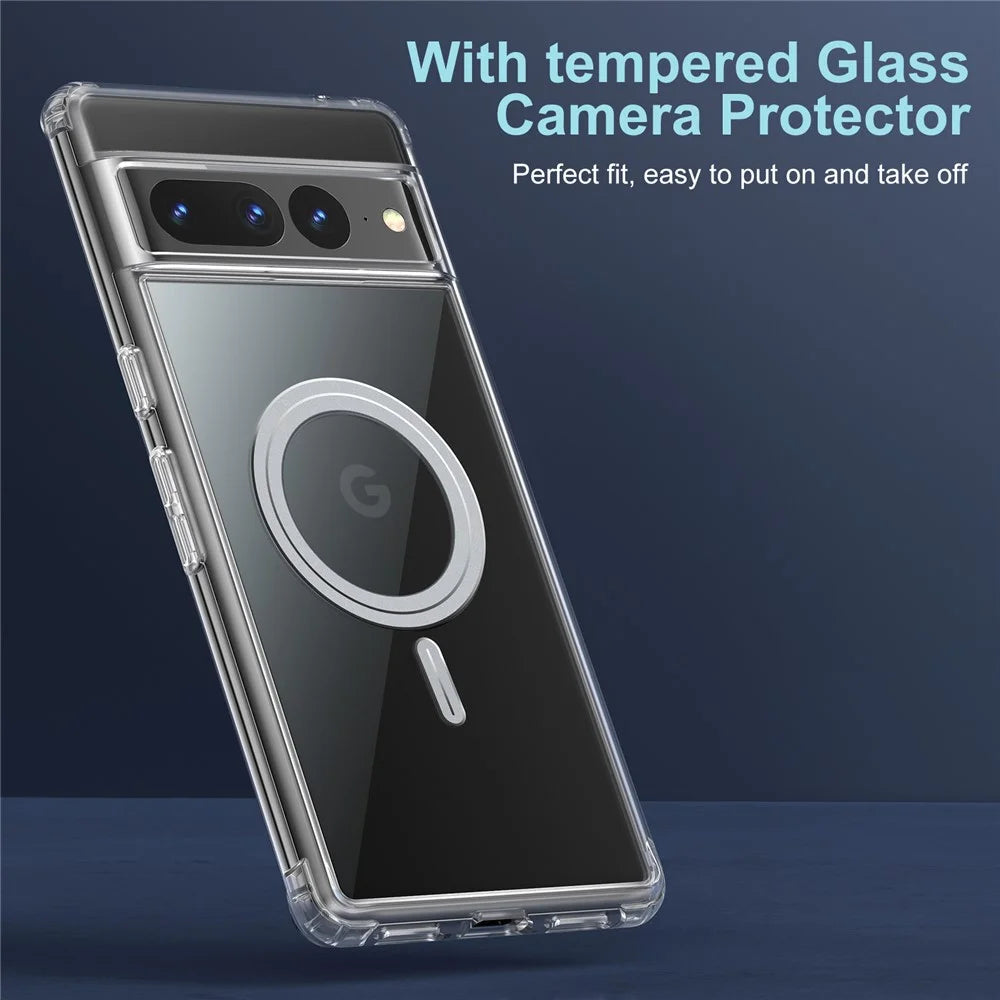 Anti-scratch Phone Cover For Google Pixel 7 Pro 5G, Magnetic PC + TPU Crystal Clear Phone Case with Tempered Glass Camera Lens Cover Support Wireless Charging - 2