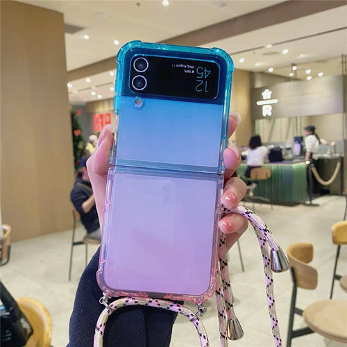 For Samsung Galaxy Z Flip3 5G Case Gradient Color TPU Phone Cover with Lanyard - Blue+Pink - 1