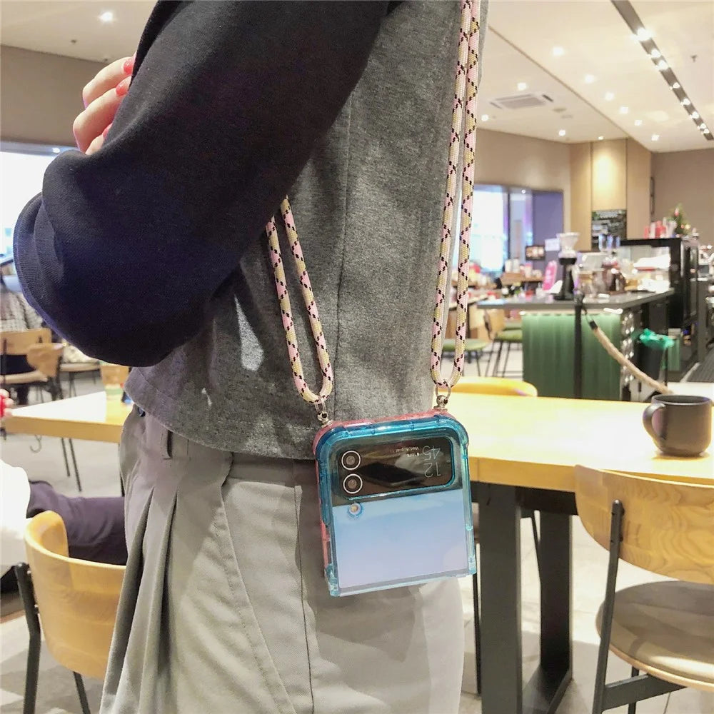 For Samsung Galaxy Z Flip3 5G Case Gradient Color TPU Phone Cover with Lanyard - Blue+Pink - 3