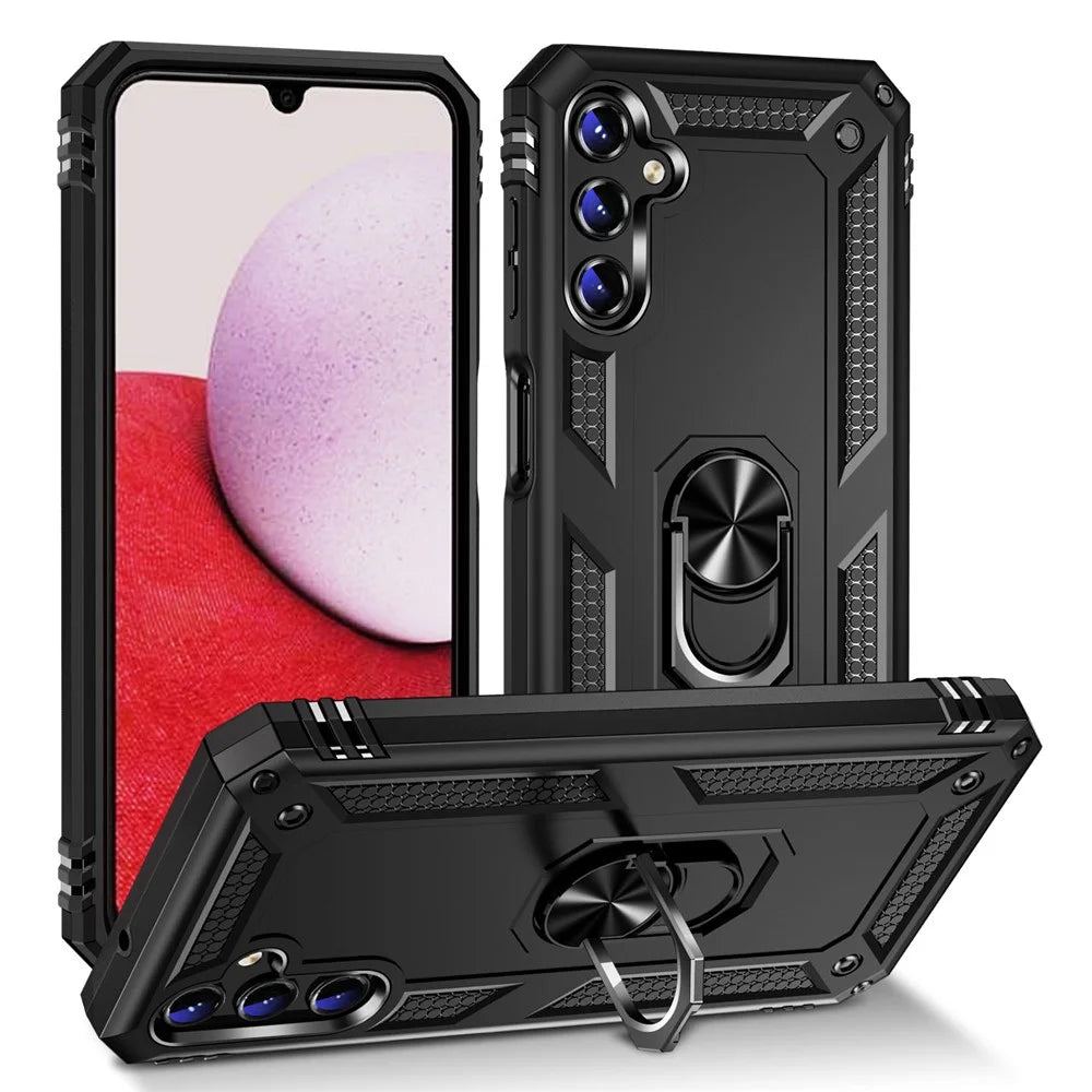 For Samsung Galaxy A14 5G / 4G Military Grade Shockproof Phone Case Ring Kickstand Design PC + TPU Drop-proof Cover - Black - 1