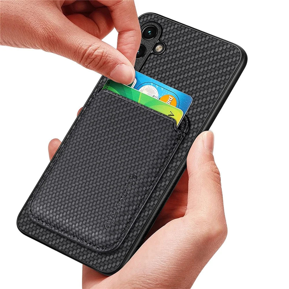 For Samsung Galaxy A54 5G Detachable 2-in-1 Magnetic Card Holder Phone Case Carbon Fiber Texture Protective Cover - Black - 5