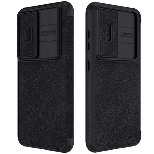 NILLKIN Qin Pro Series for Samsung Galaxy S23+ PU Leather Phone Case Card Holder Folio Flip Cover with Slide Lens Protector - Black - 1
