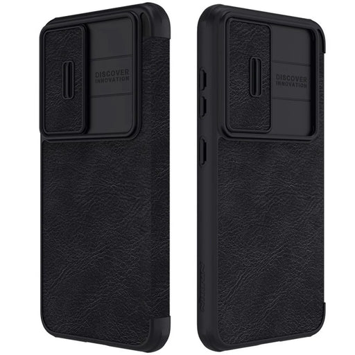 NILLKIN Qin Pro Series for Samsung Galaxy S23+ PU Leather Phone Case Card Holder Folio Flip Cover with Slide Lens Protector - Black - 1