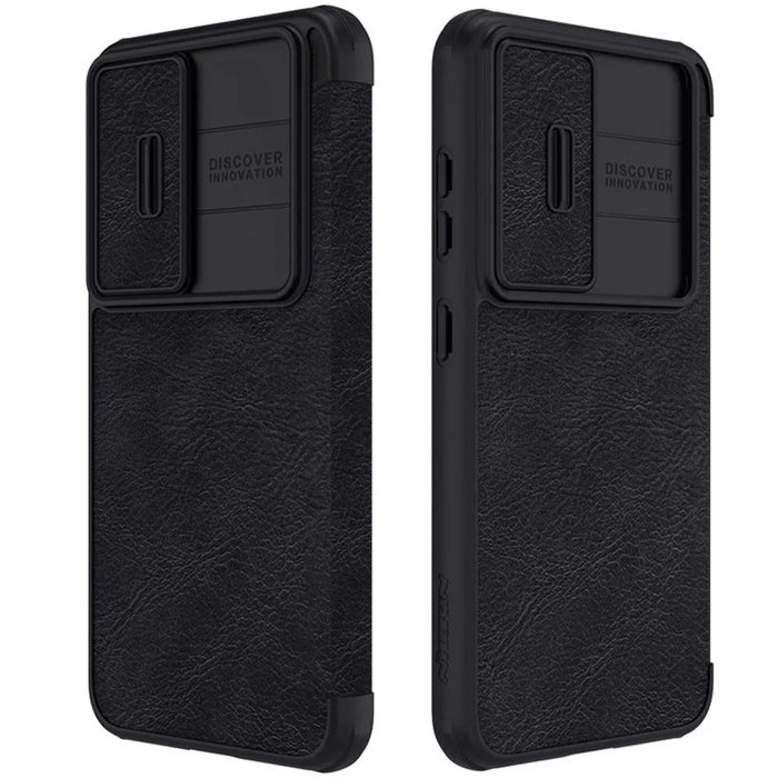 NILLKIN Qin Pro Series for Samsung Galaxy S23+ PU Leather Phone Case Card Holder Folio Flip Cover with Slide Lens Protector - Black - 1