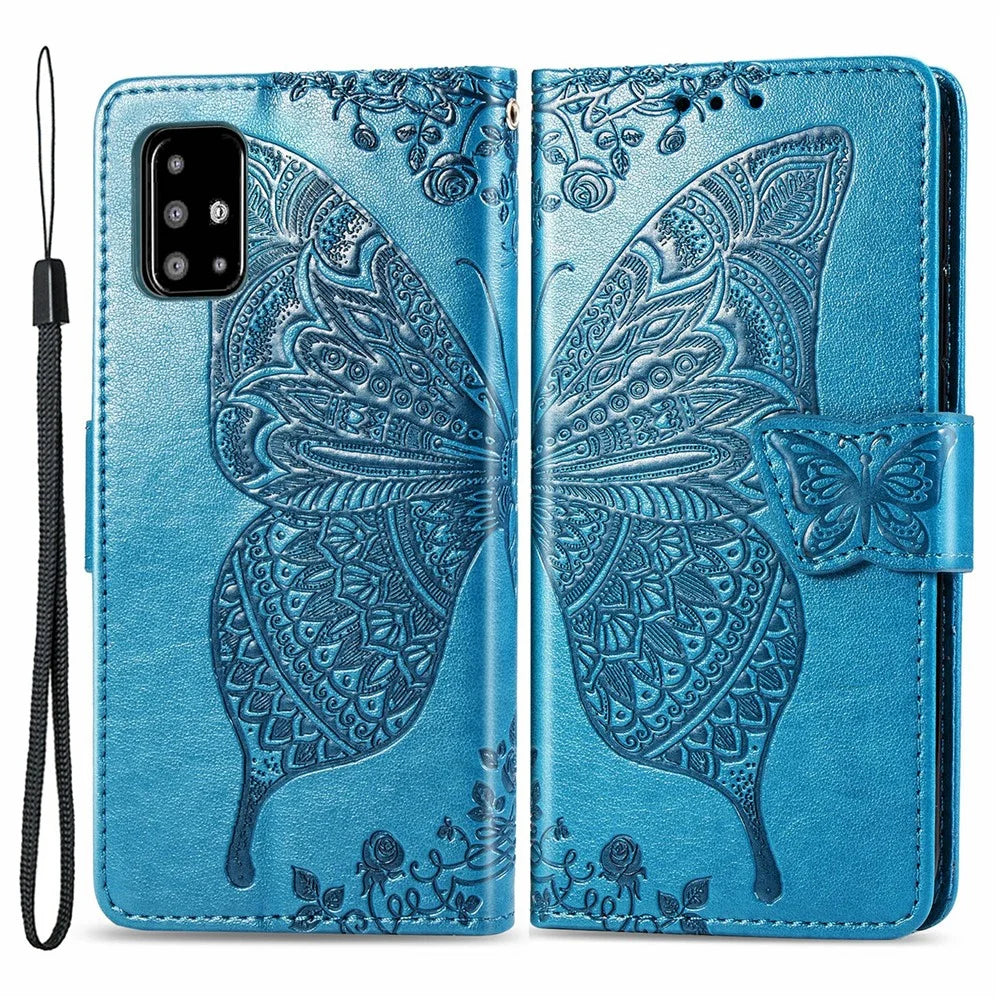 For Samsung Galaxy A51 4G SM-A515 Imprinted Butterfly Pattern Anti-scratch Phone Case PU Leather Stand Wallet Cover with Strap - Blue - 1