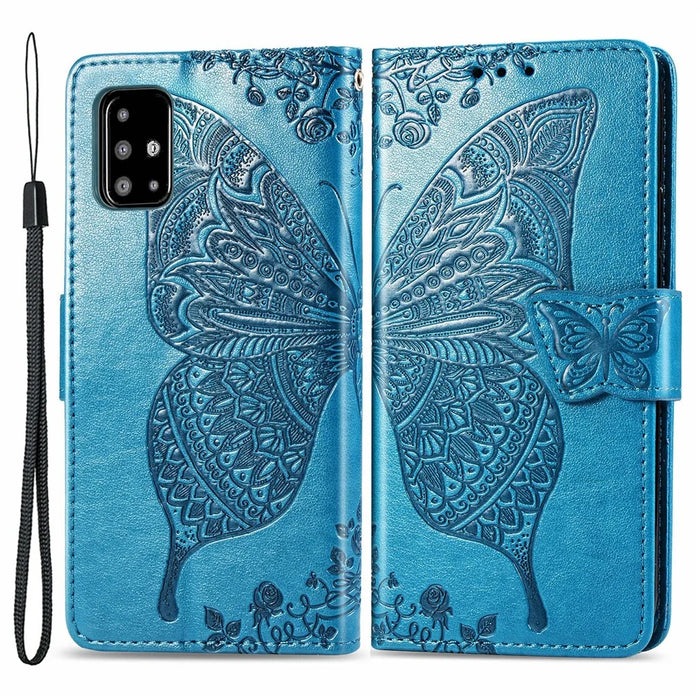 For Samsung Galaxy A51 4G SM-A515 Imprinted Butterfly Pattern Anti-scratch Phone Case PU Leather Stand Wallet Cover with Strap - Blue - 1