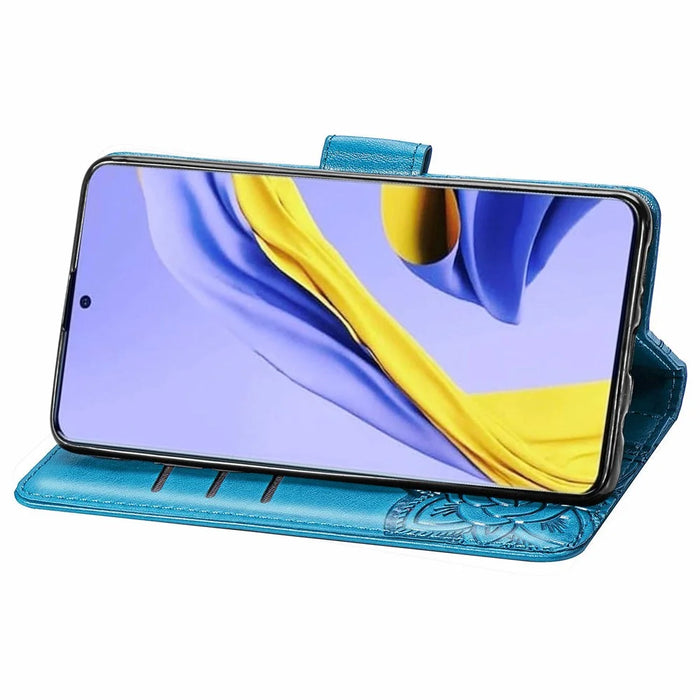 For Samsung Galaxy A51 4G SM-A515 Imprinted Butterfly Pattern Anti-scratch Phone Case PU Leather Stand Wallet Cover with Strap - Blue - 3