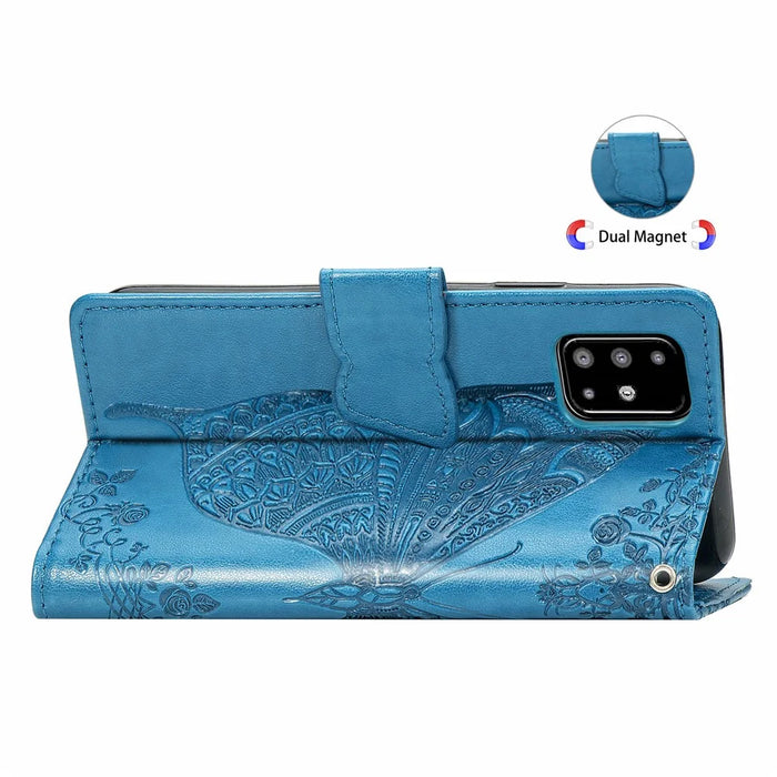 For Samsung Galaxy A51 4G SM-A515 Imprinted Butterfly Pattern Anti-scratch Phone Case PU Leather Stand Wallet Cover with Strap - Blue - 4